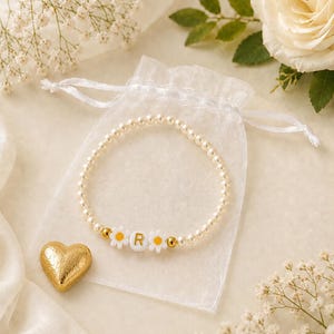 Personalised Handmade Daisy Flower girl Initial Bracelet | Pearl Bridesmaid Gift Set