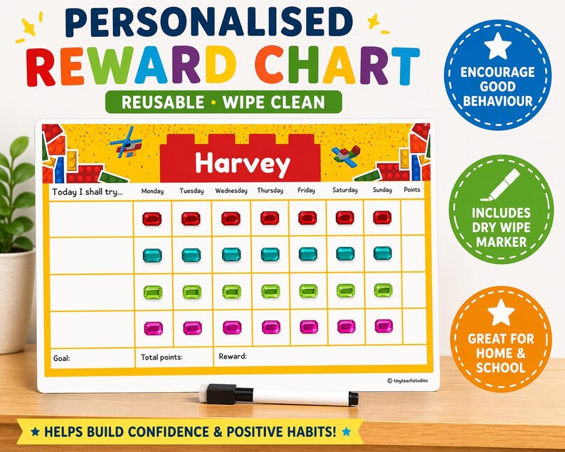 Personalised Building Blocks Kids Reward Chart Kit | Routine Chart ...