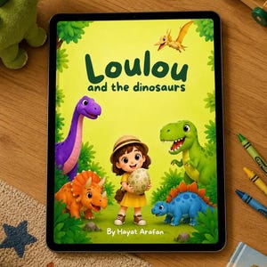 Puede incluir: Una tableta muestra la portada de un libro infantil titulado "Loulou and the dinosaurs" de Hayat Arafan. La portada presenta una niña de dibujos animados con dinosaurios en una ilustración vibrante y colorida. Un dinosaurio de peluche verde y un tren de juguete de madera están en el fondo.