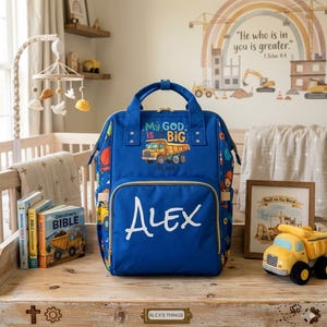 Personalized Christian Construction Backpack | My God Is Big Boys Diaper Bag
