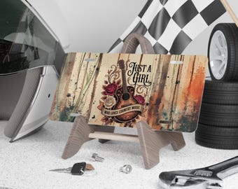 Placa personalizada "Just A Girl Who Loves Country Music" / Etiqueta de matrícula con rosa de guitarra