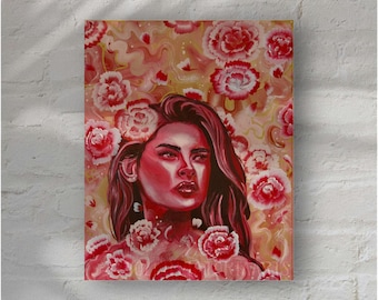 Original Woman Portrait with Flowers, Contemporary Semi-Realistic Painting,  Female Figure Artwork