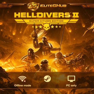 Puede incluir: Imagen promocional de "HELLDIVERS 2: Super Citizen Edition" con figuras armadas y blindadas sobre un fondo de fuego. El título del juego es amarillo, con iconos para modo sin conexión, Steam y solo PC. El logo de Elitehub está arriba.