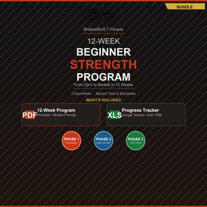 May include: A promotional graphic for a 12-week beginner strength program. The image includes the text "12-WEEK BEGINNER STRENGTH PROGRAM" and details such as "From Zero to Barbell in 12 Weeks" and "3 Days/Week".