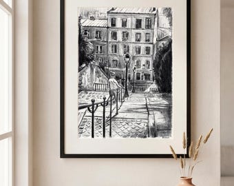 Montmartre Paris — Dessin original au crayon, A4 — Art au graphite dessiné à la main, Signé — Scène de rue française