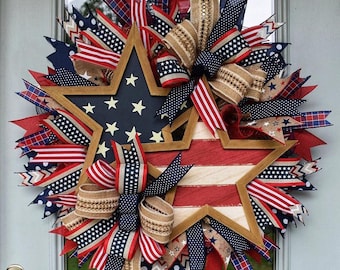 USA 250th Anniversary Wreath, Patriotic Burlap Door Hanger, Farmhouse Independence Day Sign