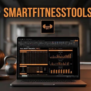 Peut inclure: Un ordinateur portable affiche une interface de suivi de fitness avec des graphiques et des données. L'image comprend une barre de musculation, des disques de poids et un kettlebell, avec le texte "SMARTFITNESSTOOLS" et un logo haltère. Le décor est une salle de sport.