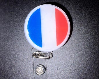 French Flag Badge Reel, Retractable ID Holder, Teacher, Traveler Accessory