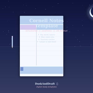 Könnte beinhalten: Eine digitale Cornell-Notizen-Vorlage mit hellblauem und rosa Header, mit Abschnitten für Schlüsselwörter, Hauptnotizen und eine Zusammenfassung. Der Hintergrund ist dunkelblau mit einem Halbmond und Sternen. Der Text "DuskAndDraft" befindet sich unten.