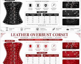Leather Overbust Corset Steel Boned | Handmade Studded Corset Top | Black Red Waist Trainer | Gothic Bustier | Heavy Duty Leather Corset