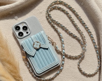 Etui na telefon z portfelem i skórzanym paskiem na ramię, minimalistyczny uchwyt na karty do iPhone'a, smukły design