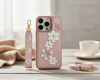 Floral Wallet iPhone Case, Crossbody with Card Holder, Artificial Leather Strap