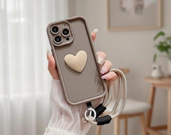 3D Love Heart iPhone Case with Matte Lanyard Rope Strap