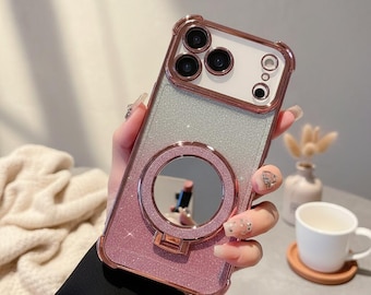 Etui na telefon z lustrzanym wykończeniem i brokatem w odcieniu gradientu, z uchwytem pierścieniowym, do iPhone'a 17 Pro Max