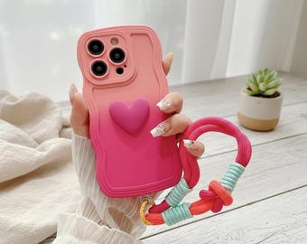 Gradient Heart iPhone Case with Wrist Strap, Soft Wave Lanyard Protection
