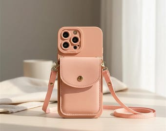 Leather Crossbody Phone Wallet Case, Card Holder Lanyard Strap Purse