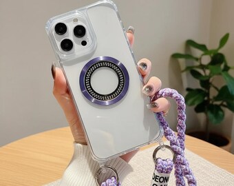 Clear Crossbody iPhone Case, MagSafe Acrylic Shockproof Cover, Adjustable Lanyard Strap