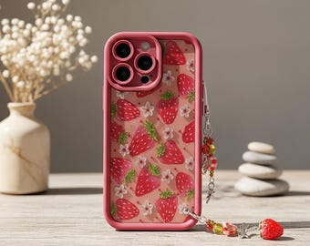 Strawberry Flower Phone Case with Pendant Chain | Silicone Cover for iPhone