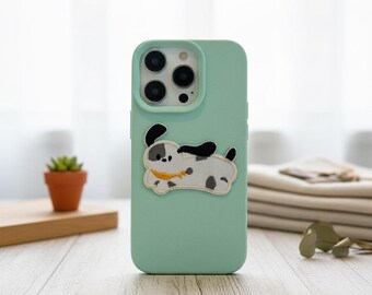 Puppy Embroidery Phone Case | Korean 3D Dog Design | Soft Leather Pattern Cover