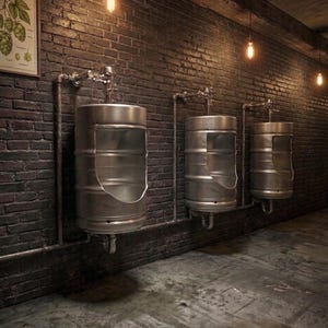May include: Three stainless steel urinals made from repurposed beer kegs are mounted on a dark brick wall. Copper pipes and vintage light bulbs add to the industrial aesthetic. A framed botanical print hangs on the wall.