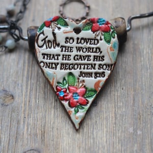 John 3:16 God so loved the world  Bohemian Ceramic Pottery Artisan pendant aromatherapy