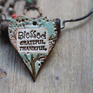 Handmade Blessed Grateful Ceramic Heart Pendant: Essential Oil Diffuser, Boho Charm