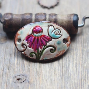Bird on a flower Bracelet connector  Rustic  Artisan Handmade Pottery