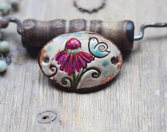 Bird on a flower Bracelet connector  Rustic  Artisan Handmade Pottery