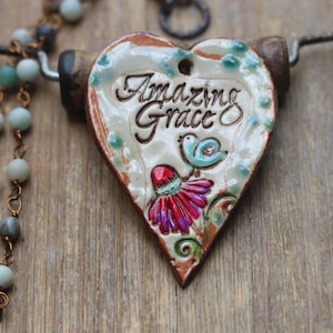 Handmade Ceramic Heart Pendant, Amazing Grace, Essential Oil Diffuser