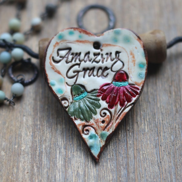 Amazing Grace Pottery pendant Rustic bohemian ceramic pendant, boho charm, handcrafted pendant, porcelain focal