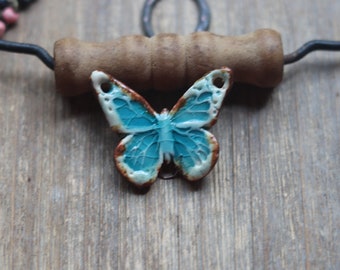 Rustic Browns Blues Butterfly pendant pottery pendant