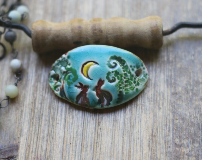 Rabbits Moon Light Bracelet Connector Leaves Vine Rustic Earthy Pottery ...