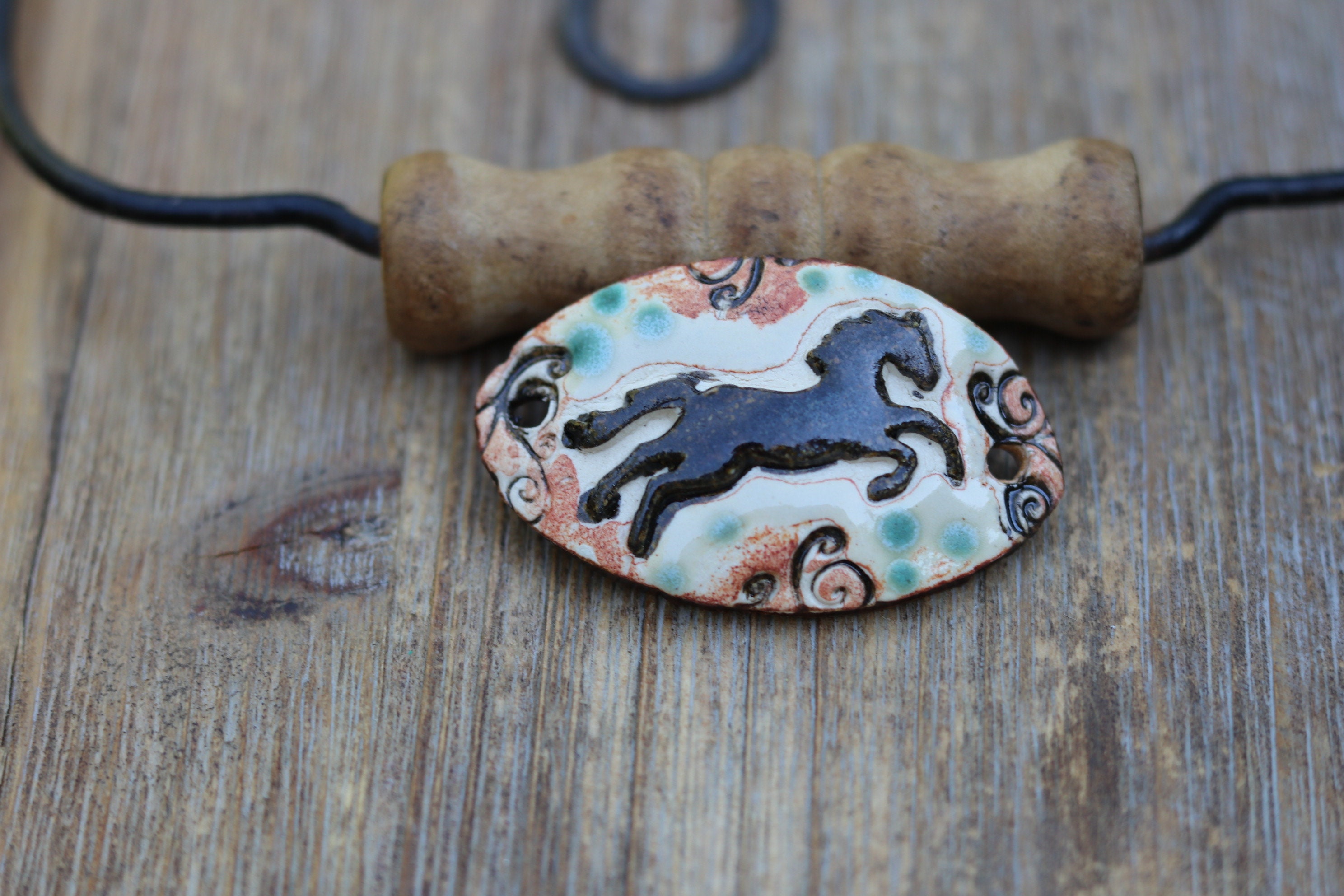 Rustic Horse  One Black Horse Bracelet connector Swirl Design