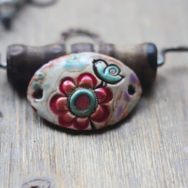 Flower Ceramic Bracelet connector with bird earthy  artisan rustic jewelry findings