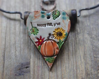 Handmade Ceramic Fall Pendant Necklace - Happy Fall Y'all Pumpkin & Sunflower Pottery Jewelry - Autumn Leaves Clay Charm