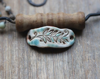 Handmade Ceramic Connector Bead: Rustic Green Leaf Pottery, Aroma Diffuser