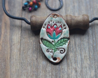 Artisan pendant aromatherapy  Flower Tulip  Boho Connector bohemian ceramic pendant, boho charm, handcrafted pendant, porcelain focal