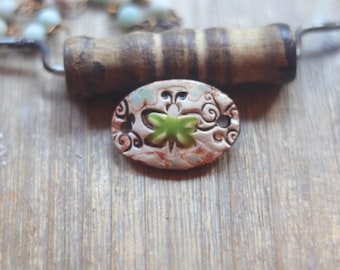 Handmade Ceramic Bracelet Connector: Green Butterfly Focal Bead