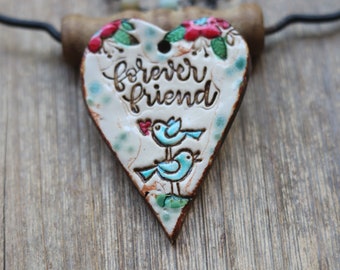 Forever Friend Ceramic heart bohemian ceramic pendant, boho charm, handcrafted pendant, porcelain focal