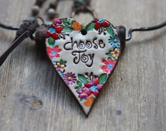 Choose Joy  Pottery pendant  Aroma therapy essential oil Artisan pendant aromatherapy
