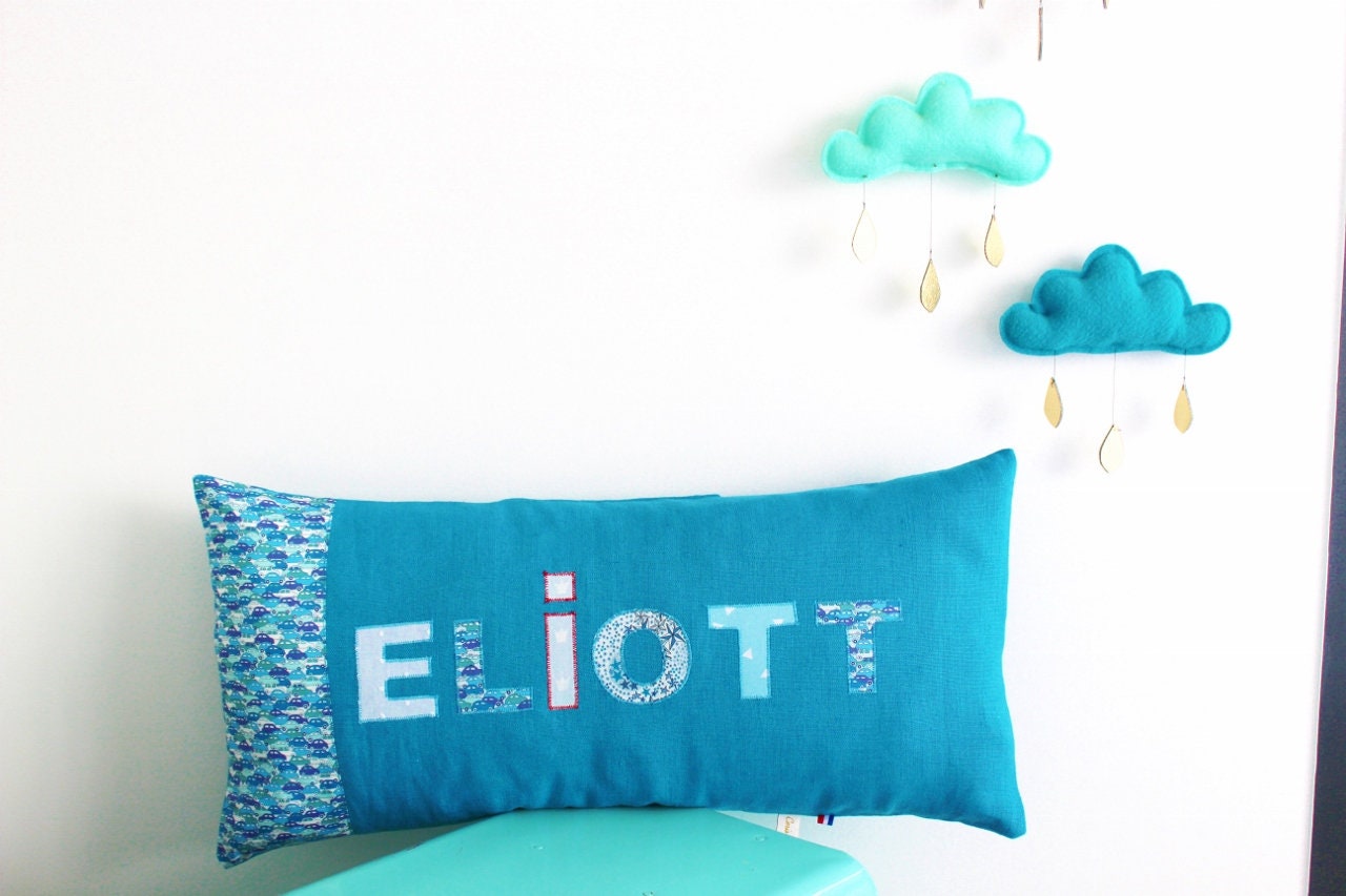 Coussin en Lin Bleu Canard Personnalisé, Bande Liberty Cars - sur Commande