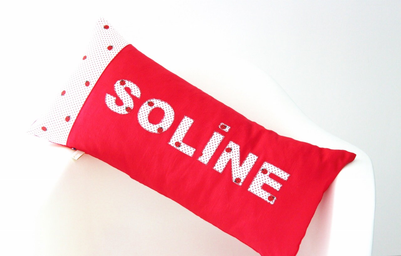 Coussin en Lin Rouge Personnalisé, Bande Coccinelles - sur Commande