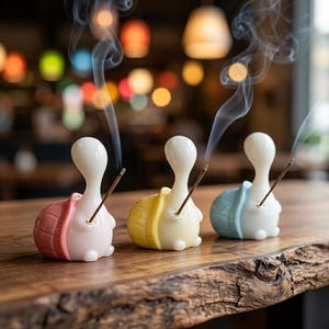 Puede incluir: Tres porta-inciensos de cerámica con forma de tortuga en colores rosa pastel, amarillo y azul claro. Cada figura tiene un cuerpo liso y redondeado con un cuello largo y un caparazón que sostiene una varilla de incienso encendida con humo.