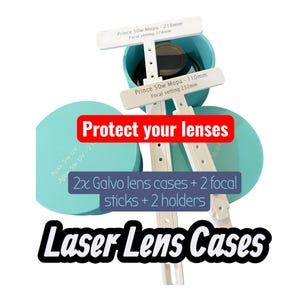 Puede incluir: Dos estuches circulares para lentes láser de color azul claro con tapas a juego, dos varillas focales blancas en forma de T y dos soportes. El texto en las varillas dice Prince 50w Mopa 210mm Focal setting 374mm y 110mm Focal setting 232mm.