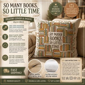 So Many Books So Little Time Pillow | Book Lover Decorative | Reading Decor | Cozy Library Cushion | Home Decor | Literary Throw Pillow