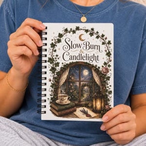 May include: A spiral-bound notebook with a white cover featuring the text Slow Burn & Candlelight. The illustration depicts an arched window view of a night sky with a moon, a teacup on stacked books, a lantern, and climbing ivy vines.