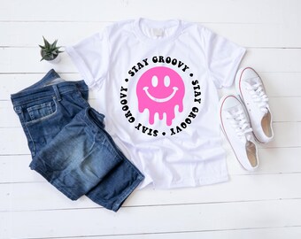Blijf groovy, png | Shirtontwerp met retro smileygezicht | Hippie esthetisch T-shirt | Vintage glimlachafbeelding | Digitale download