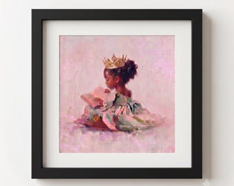 Framed Black Girl Wall Art | African American Princess Decor | Little Girl Reading Wall Art | Ready To Hang Melanin Decor