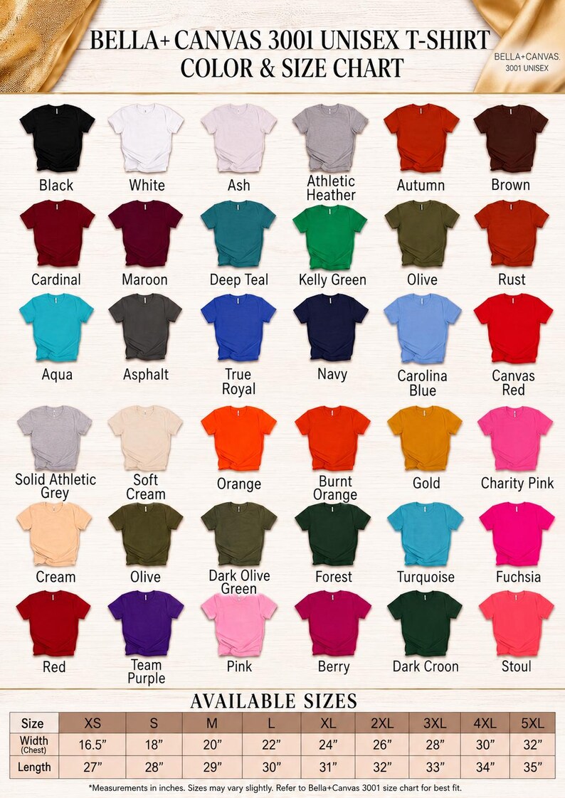 May include: A Bella+Canvas 3001 unisex t-shirt color and size chart displaying thirty-six folded t-shirts in various solid colors with corresponding labels. A table at the bottom lists available sizes from XS to 5XL with width and length in inches.
