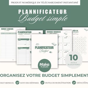 Peut inclure: Un planificateur numérique avec un design vert et blanc. Le planificateur comprend des pages pour la budgétisation, le suivi des dépenses et les objectifs d'épargne. Le texte comprend "Budget simple", "Make it yours" et "10 Outils budgétaires".